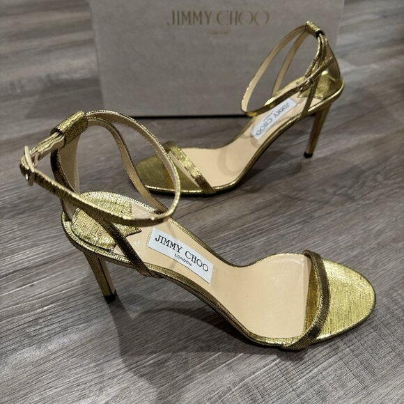 Jimmy Choo Minny 85 mm Gold Metallic Lizard Print Leather Heels Sandals - Picture 1 of 13